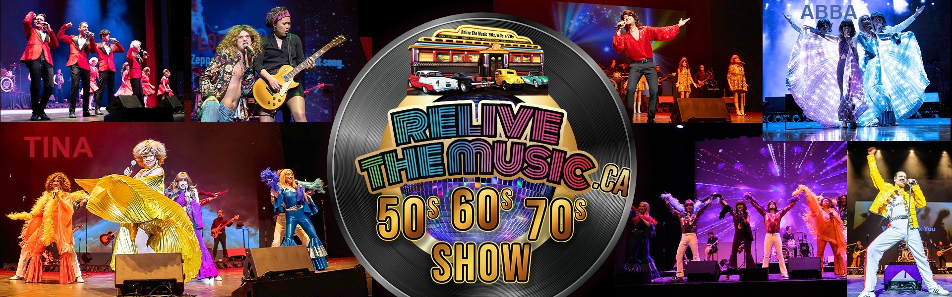 Text reads, "Relive The Music.ca 50s 60s 70s Show" with various images of performers onstage. The text is inside a record.